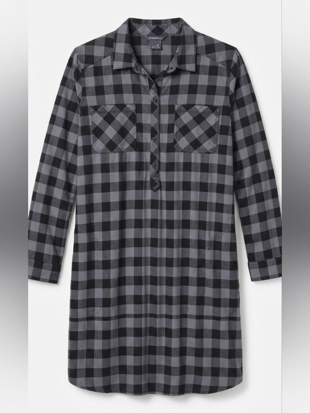 Eddie Bauer Buffalo Plaid Tunic Shirt Dress Women Grey Black Long Sleeve Pockets